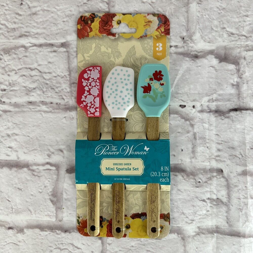 Pioneer Woman Mini Spatulas Set Gorgeous Garden Floral Silicone Wood Farmhouse